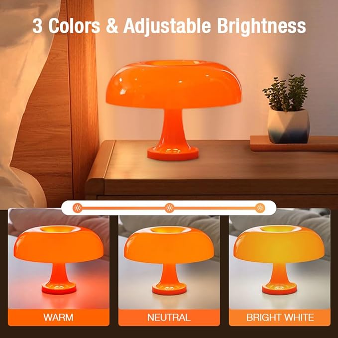 Retro Orange Mushroom Lamp for Bedroom Nightstand Mid Century Modern Table Lamp Decor Aesthetic Lighting Dimmable Mushroom Shaped Donut Bedside Lamp with 3 Lighting Modes, Minimalist Home Decor
