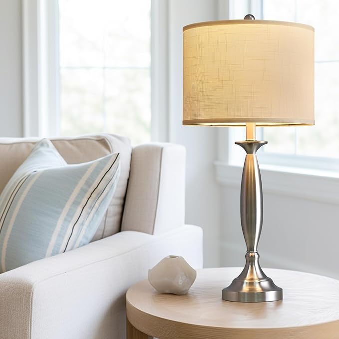 Oneach 27" Modern Table Lamps Set of 2 for Living Room Bedroom with USB A+ C Charging Port,Brushed Steel Bedside Lamps for Night Stands,Fabric Drum Shade Nightstand Lamp Light for End Tables Home