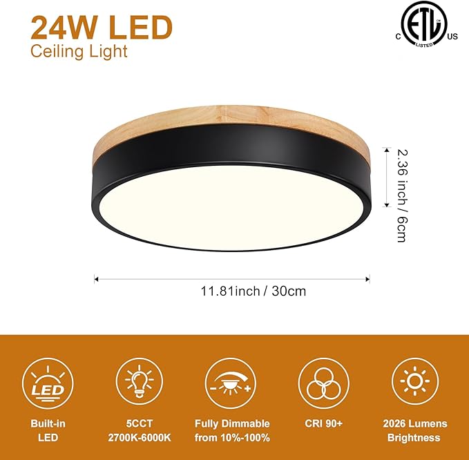 Dimmable Modern Wood Ceiling Light, Black LED 5CCT 2700K-6000K Flush Mount Ceiling Lighting Fixture, Round Light Fixtures for Kitchen Entryway Hallway Bedroom Laundry Room-11.8in