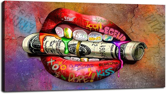 Artwork for Home Walls Abstract Colorful Graffiti Sexy Mouth Biting A Dollar Creative Wall Art Graffiti Letters Wall Pictures for Living Room Bar gym Game Room Wall Hanging Up Easy to Put-40"Wx20"H
