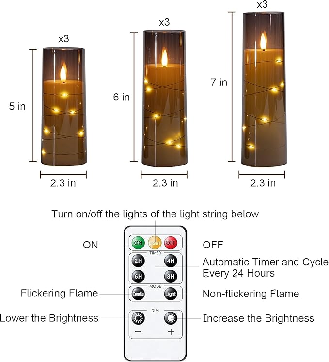 Raycare Flameless LED Candles with Embedded Star String, 9 Pcs Battery Operated Acrylic Pillar Candles with Timer and Remote, Flickering for Romantic Ambiance and Home Decoration (Grey)