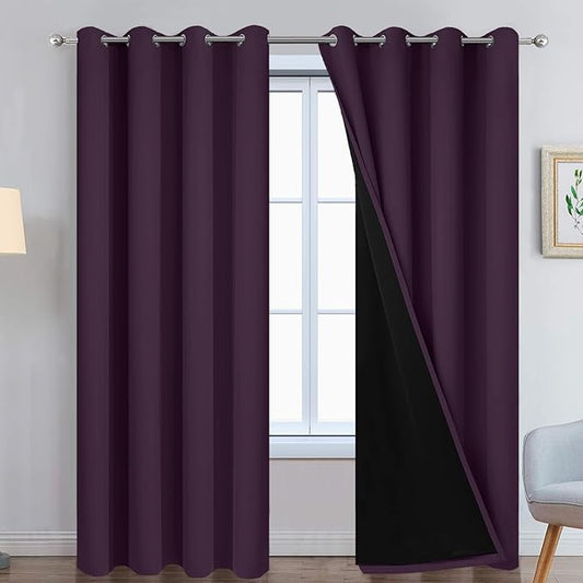Yakamok 100% Blackout Curtains 84 Inches Long, 2 Thick Layers Heat and Full Light Blocking Soft Thermal Insulated Drapes for Bedroom(52" Wide Each Panel,Purple, 2 Panels)