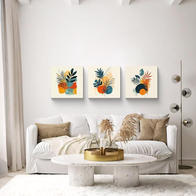 NAN Wind 3Pcs Tropical Leaf Wall Art Palm Frond and Foliage Canvas Print with Bold Orange Teal Yellow Shapes Mid-Century Modern Botanical Plant Pictures for Boho Living Room Bedroom Office Wall Decor
