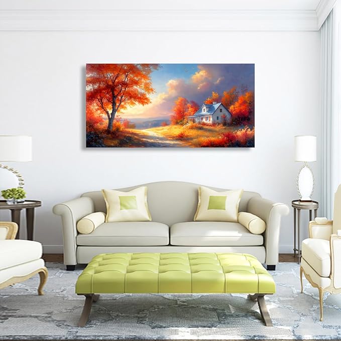 Village House Red Tree Canvas Wall Art Bedroom Wall Decor Living Room,Autumn Scenery Wall Art Office Kitchen Paintings Artwork Modern Abstract Pictures Art Prints Waterproof Ready to Hang-20x40inch