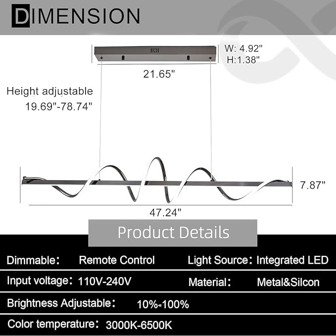 Modern Led Pendant Light for Kitchen Island Lighting 47.24" Black Modern Chandelier Dining Room Lighting Fixture Over Table Dimmable Ceiling Pendant Lights Creative Snake-Shaped Twist Design