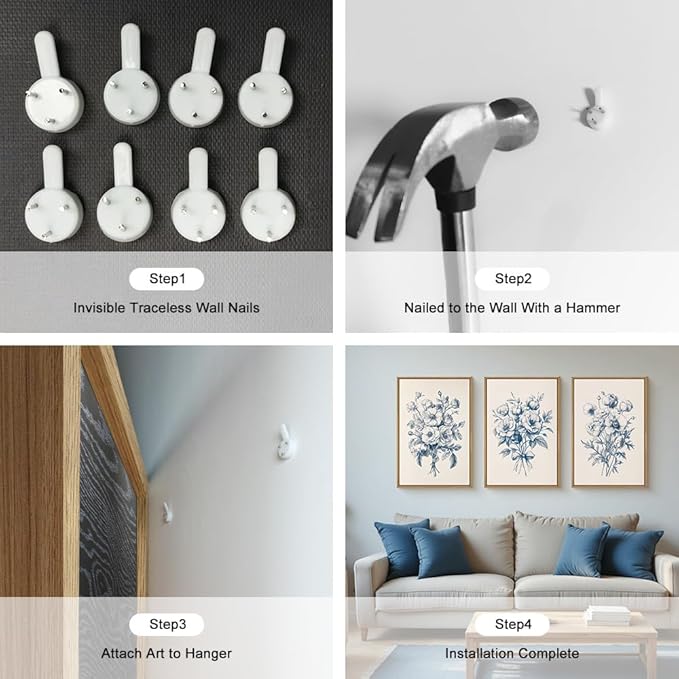 KAIRNE 3 Piece Chinoiserie Blue Floral Wall Art, Vintage Navy Flower Sketch Prints, Watercolor Bouquet Canvas Paintings for Living Room, Bedroom Decor, Framed Botanical Wall Decor Set - 24"×36"