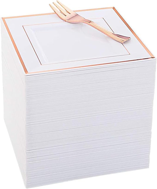 WDF 86pcs Rose Gold Dessert Plates 6" with 86 Pieces Disposable Forks 5", Elegant Square Appetizer Small Plastic Plates for Mother's Day, Wedding