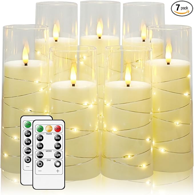 Flameless Candles,with Embedded Star String, Battery Operated Candles Flickering LED Pillar Candles with Remote Control and Timer, Home Decoration Add a Warm and Romantic Atmosphere，Set of 7 (Ivory)