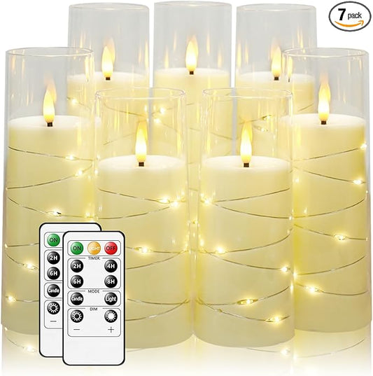Flameless Candles,with Embedded Star String, Battery Operated Candles Flickering LED Pillar Candles with Remote Control and Timer, Home Decoration Add a Warm and Romantic Atmosphere，Set of 7 (Ivory)