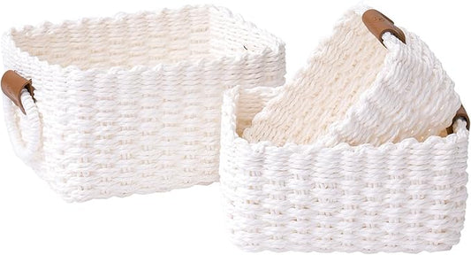 LA JOLIE MUSE Woven Storage Baskets for Organizing, Recycled Paper Rope Basket Bin Divider for Makeup Towel Shelf Cupboards Drawer Closet Dresser, Decorative White Storage Basket Set of 3