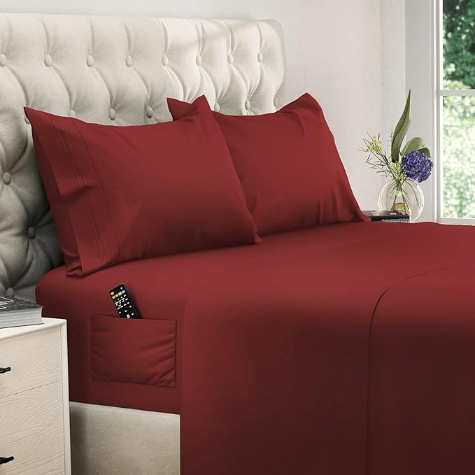 DREAMCARE Twin XL Sheet Set - Cooling Bed Sheets - 4pc Set - up to 15" Deep Pocket Twin XL Sheets - Soft & Long Lasting 100% Fine Brushed Polyester with Side Pocket - Burgundy