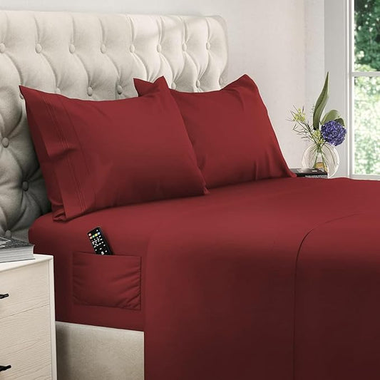 DREAMCARE Twin XL Sheet Set - Cooling Bed Sheets - 4pc Set - up to 15" Deep Pocket Twin XL Sheets - Soft & Long Lasting 100% Fine Brushed Polyester with Side Pocket - Burgundy