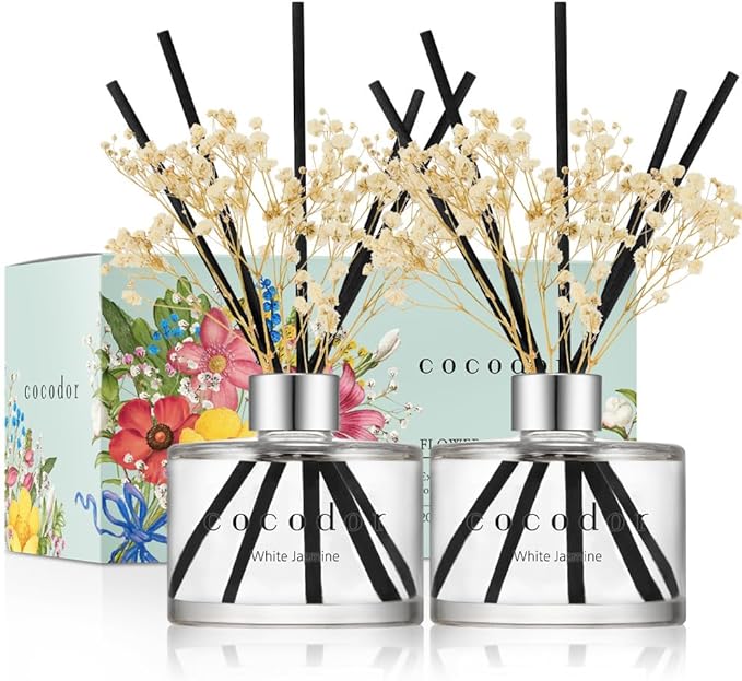 COCODOR Preserved Flower Reed Diffuser/White Jasmine/6.7oz/2Pack / Home Fragrance Scent Essential Oil Stick Diffuser for Bedroom Bathroom Home Décor