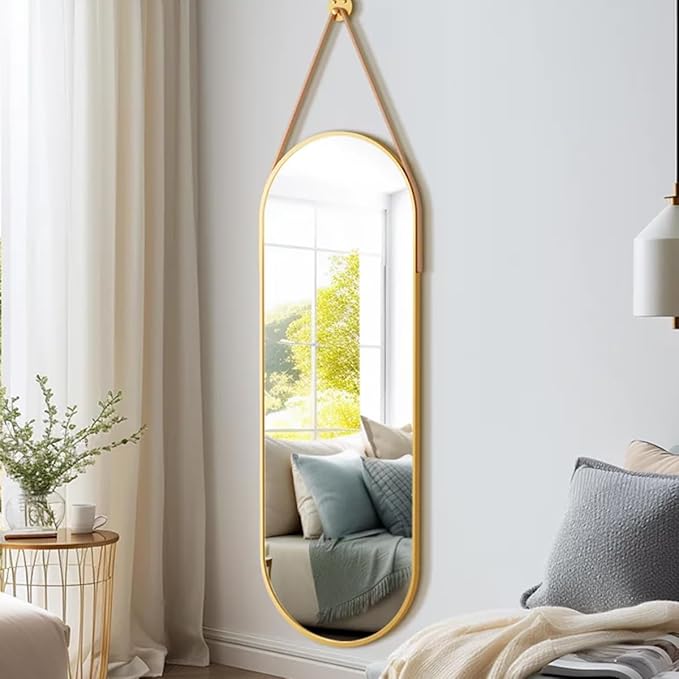 16"x48" Oval Full Length Mirror with Leather Strap Hanging Mirror with Aluminum Frame, Oval Gold Wall-Mounted Mirrors for Living Room Bedroom Entryway Décor, Gold