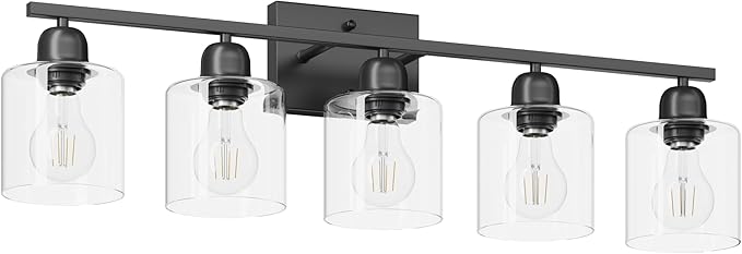 5 Light Bathroom Vanity Light, Bathroom Light Fixtures Black with Clear Glass,30 inch Vanity Lights for Mirror Living Room Bedroom Hallway E26 Base