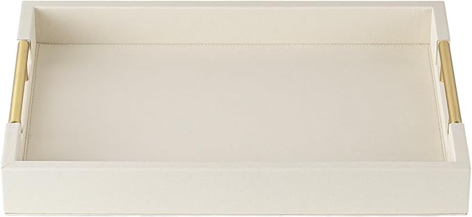 Ivory Faux Leather Serving Tray with Handles – Large Decorative Tray for Coffee Table, Ottoman, Living Room, Bathroom – Home Decor