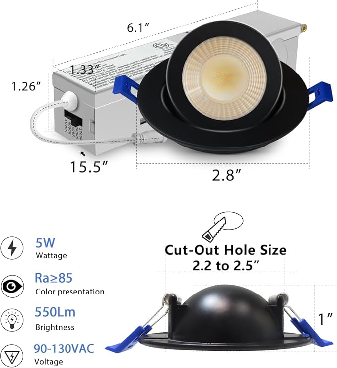 Adetu 2 Inch 5CCT Gimbal Black Led Recessed Lighting with Junction Box, 360°+90° Adjustable Led Recessed Lights, 2700K/3000K/3500K/4000K/5000K, 5W Eqv 50W, 550LM Brightness - ETL (Black, 6 Pack)