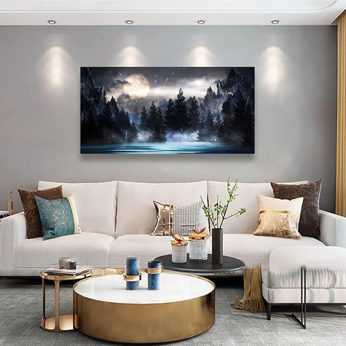 Mountain Moon Pictures Canvas Wall Art for Living room Office Bedroom Wall Decor,Moon Wall Art Print Paintings Modern Forest Nature Blue Lake Artwork Waterproof Ready to Hang-20x40inch