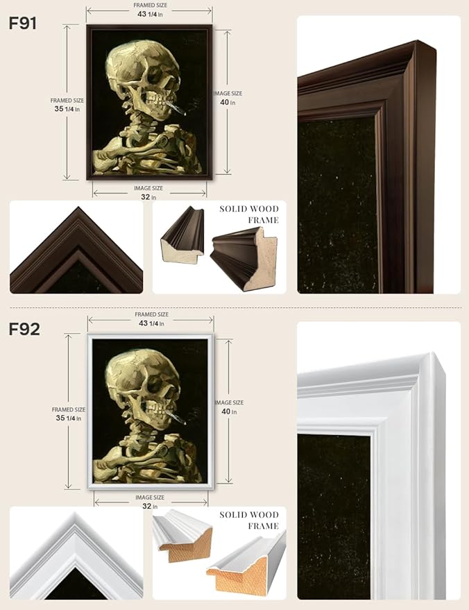 DECORARTS - Head of a Skeleton with a Burning Cigarette by Vincent Van Gogh, Large Giclee Canvas Print with Solid Wood Frame, Oversized Wall Art Decor