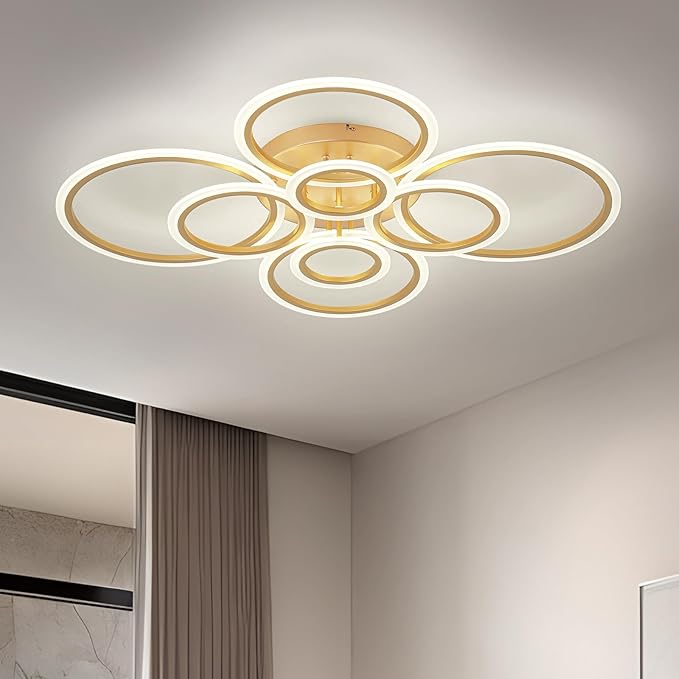 Modern LED Ceiling Light, Gold 8 Rings Flush Mount Ceiling Light, 4000K Lighting Fixture Ceiling Lamp for Kitchen, Bedroom, Living Room, Dining Room