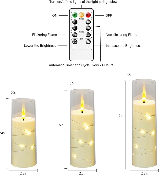 Flameless Candles,with Embedded Star String, Battery Operated Candles Flickering LED Pillar Candles with Remote Control and Timer, Home Decoration Add a Warm and Romantic Atmosphere，Set of 7 (Ivory)