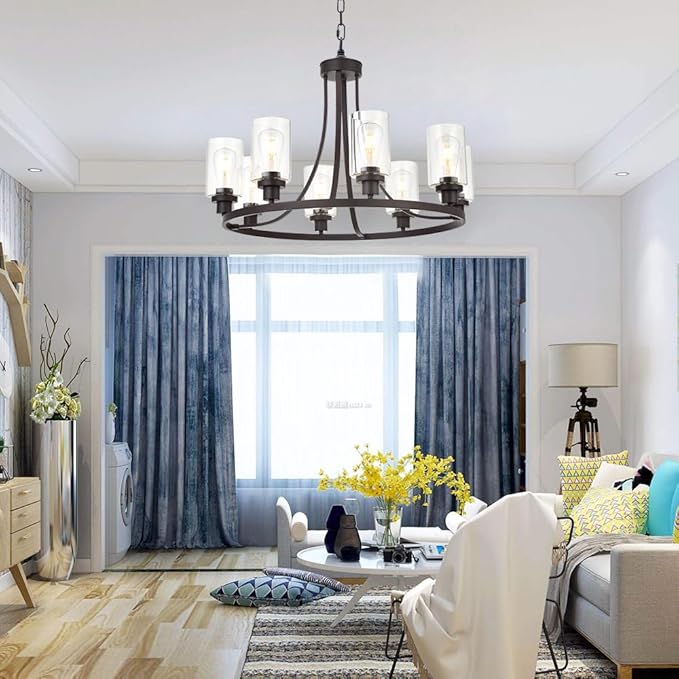 MELUCEE 8 Lights Large Farmhouse Chandelier Wagon Wheel, Industrial Island Lights for Kitchen Dining Room Lighting Fixtures Hanging Oil Rubbed Bronze Finish