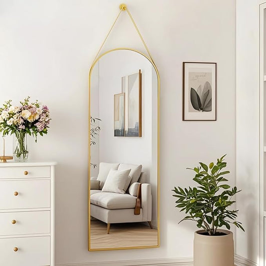16"x48" Hanging Mirror with Leather Strap,Arched Full Length Mirror with Aluminum Frame Wall-Mounted Hanging Mirrors for Bathroom Vanity Living Room Bedroom Entryway Décor, Gold