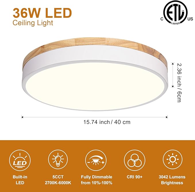 Dimmable Modern Wood Ceiling Light, White LED 5CCT 2700K-6000K Flush Mount Ceiling Lighting Fixture, Round Light Fixtures for Kitchen Living Room Dining Room Bedroom-15.8in