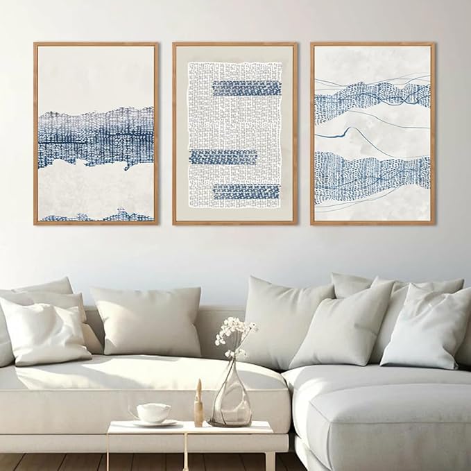 IARTTOP Large Blue Abstract Canvas Wall Art Framed 24x36 Inch Neutral Minimalist Modern Wall Art Mid Century Boho Artwork for Living Room Bedroom Office Set of 3
