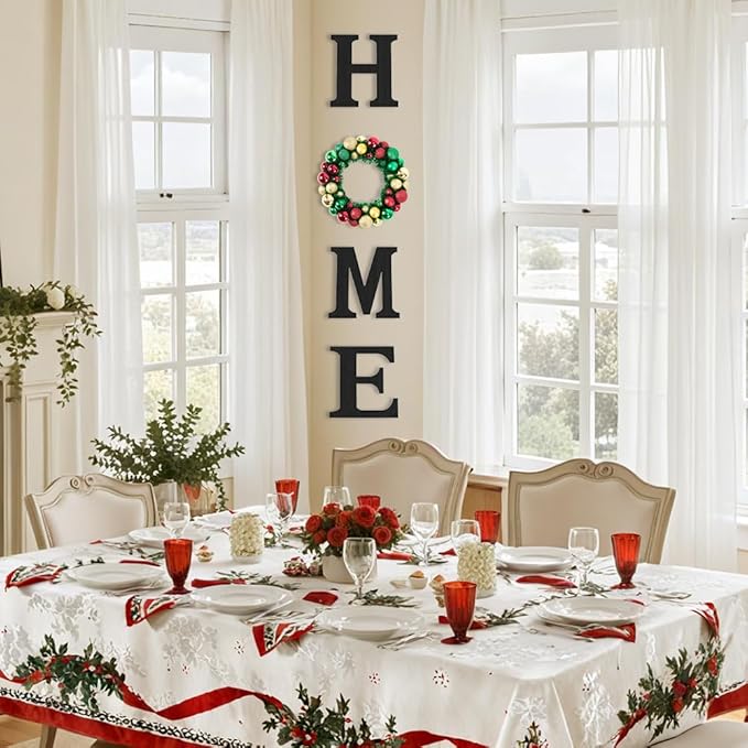 Wooden Home Sign with Artificial Christmas Wreath for O, Hanging Farmhouse Wall House Winter Decor Wood Letters for Wall Art Rustic Home Decor, Red Green Wreath for Living Room Entryway