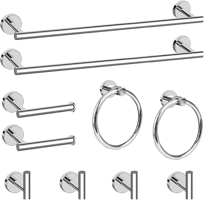 Cilee 10 Piece Chrome Bathroom Accessories Set, 24inch Polished Chrome Towel Bar Ring+Toilet Paper Holder+ Robe Towel Hook SUS304 Stainless Steel Bathroon Hardware Set