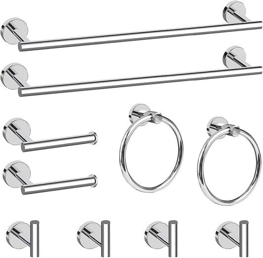 Cilee 10 Piece Chrome Bathroom Accessories Set, 24inch Polished Chrome Towel Bar Ring+Toilet Paper Holder+ Robe Towel Hook SUS304 Stainless Steel Bathroon Hardware Set