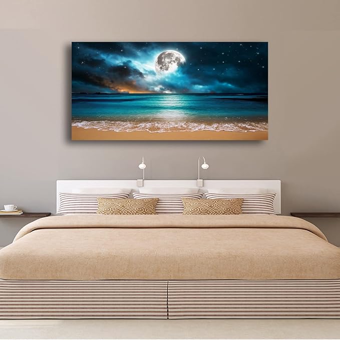 Beach Themed Wall Art Canvas Prints Seascape Picture Bathroom Décor Moon Ocean Landscape Paintings for Bedroom Dining Room Office Home Kitchen Decoration Natural Artwork 28x57 Wooden Frames