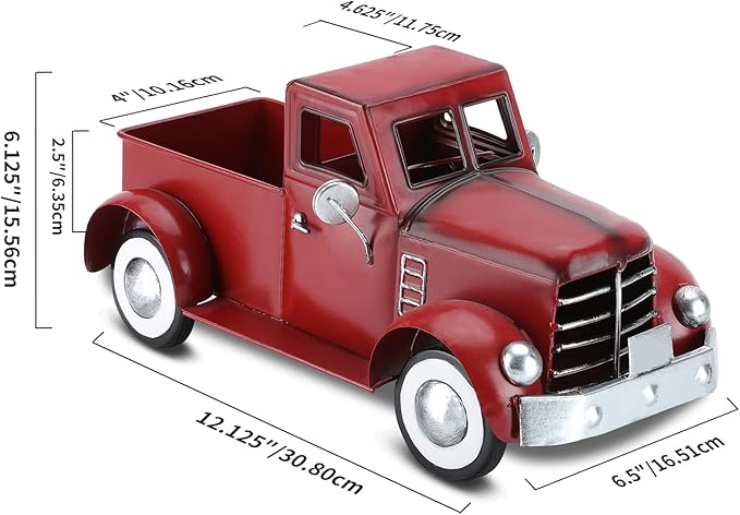 Red Truck Farmhouse Table Decor, Farm Metal Car Trucks Basket for Indoor and Outdoor, Vintage Pick-up Desktop Storage, Decorative Home Christmas Decorations