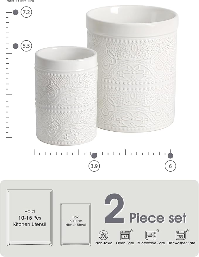 FUN ELEMENTS Kitchen Utensil Holder, 7.2+5.5" Super Large Utensil Crock Heavy and Stable Lace Emboss Ceramic Utensil Holder for Kitchen Counter(2Pcs Bright White)