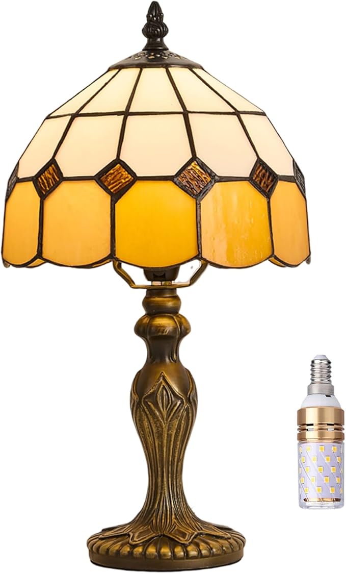 Tiffany-Style 8 Inch Table Lamp Mediterranean Series Stained Glass Lampshades Small Bedside Lamp Reading Antique Desk Light Livingroom Bedroom Office Vintage Art Deco Victorian(Color:Orange)