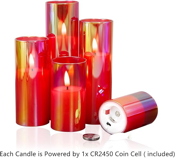 Eywamage Red Glass Flameless Candles with Remote Batteries, Flickering Slim Tall LED Candles Christmas Decor Set of 5