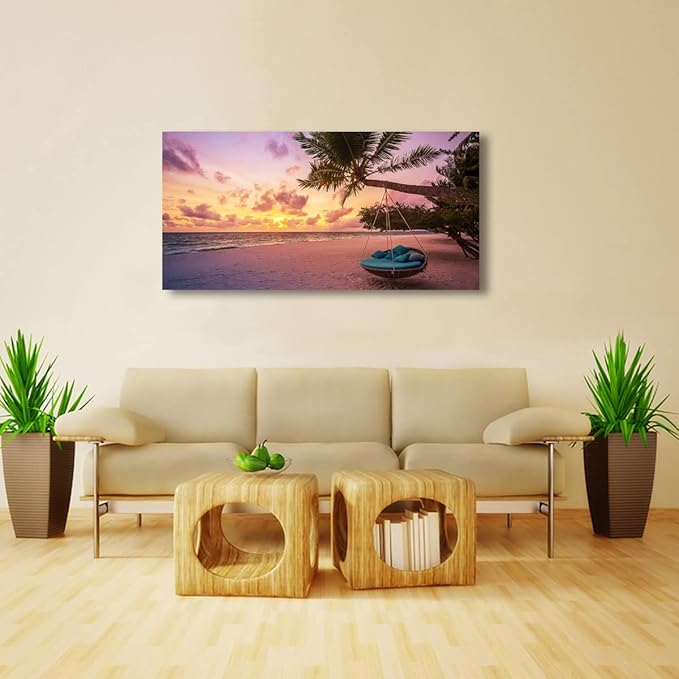 Purple Beach Palm Pictures Canvas Wall Art For Living Room Bedroom Wall Decor,Sunset Wall Art Print Paitnings For Home Decor,Morden Artwork Coconut Tree Canvas Art Ready To Hang-20x40Inches