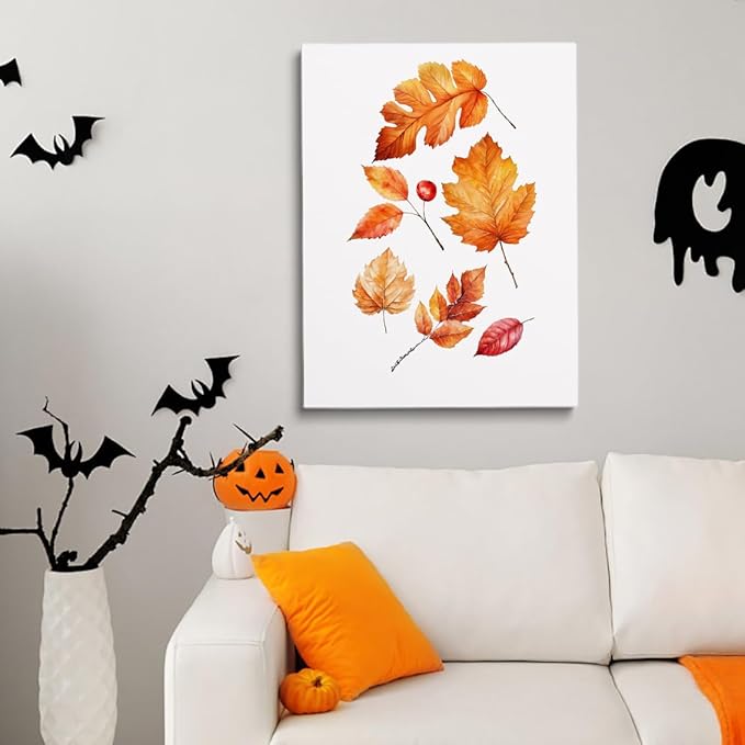 Generic Framed Autumn Leaves Canvas Print posters Rustic Fall Decor Halloween Wall Art Autumn Watercolor Artwork Fall Poster 16x24 framed