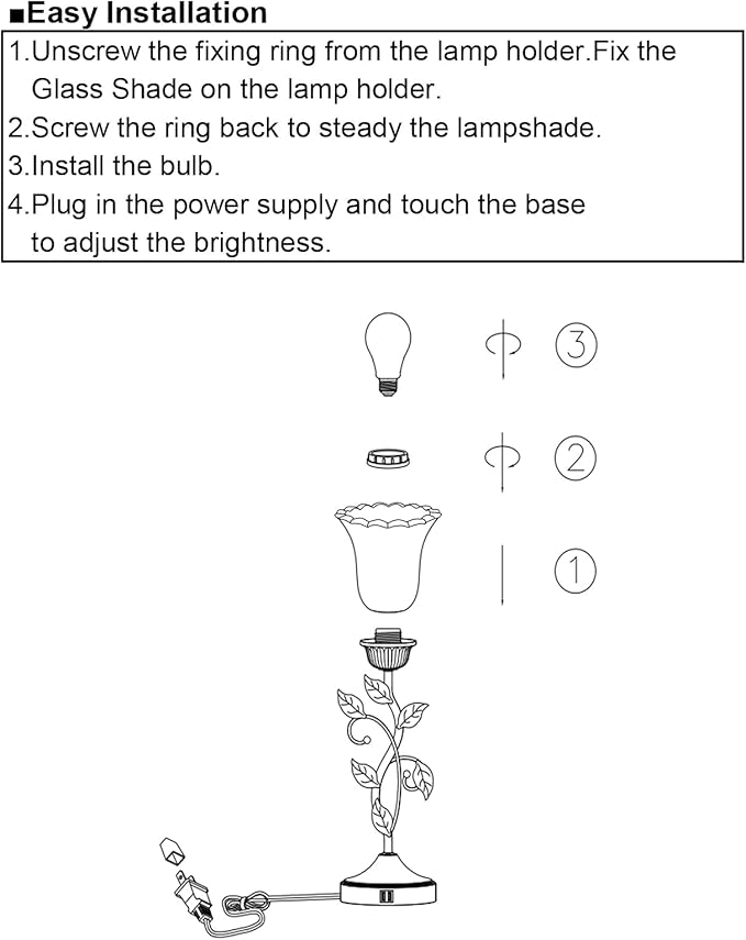 RORIANO Touch Bedside Lamp with 2 USB Charging Ports, 3-Way Dimmable Nightstand Lamps, White Glass Shade Vintage Rural Leaf Lamp for Living Room Tabletop Bedroom Side Table, LED Bulb Included