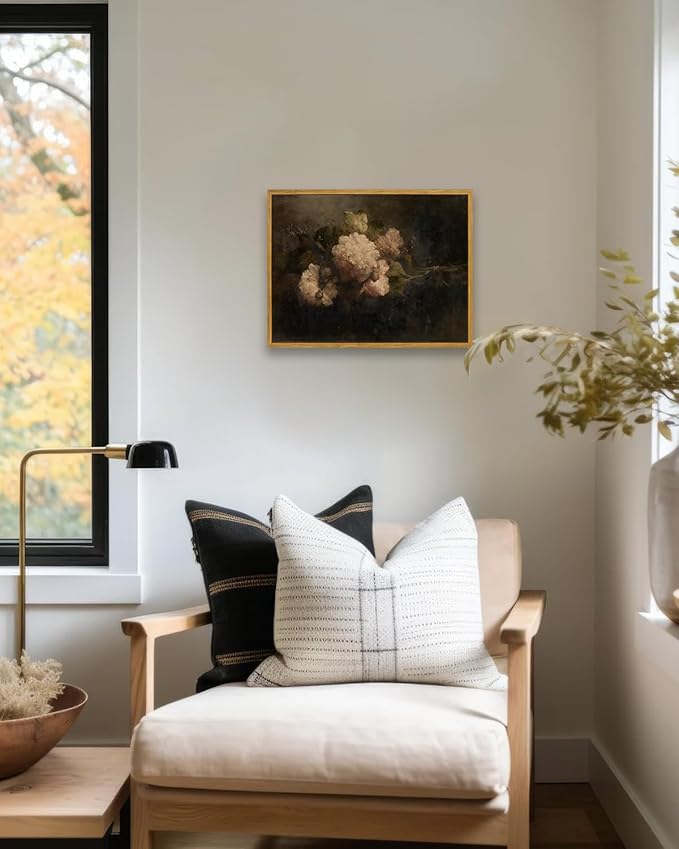 KBKBART Framed Canvas Wall Art Vintage , Dark Vintage Still Life Flower Canvas Oil Painting, Classical Moody Peony Bouquet Prints for Wall Decor, Antique Floral Art Painting Victorian Decor Artwork for Bedroom Living Room Bathroom Gallery(12"x16")