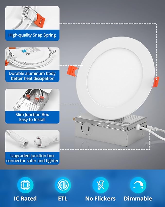 5 Inch LED Recessed Ceiling Light, 10W Dimmable Canless Wafer Downlight, Damp-Rated for Kitchen Living Room Basement Bathroom, Ultra Thin with Junction Box, 800LM 7CCT 2700K-6500K, 8 Pack