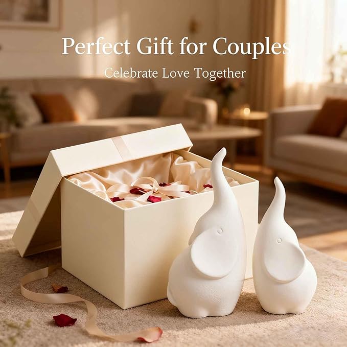 Ceramic Elephant Figurines with Trunk Up, Pair Couples Loving Elephant Statue, Small Figurines Sculpture African Home Decor, Valentine Elephants Gifts for Women, Wedding Knick Knacks（White）