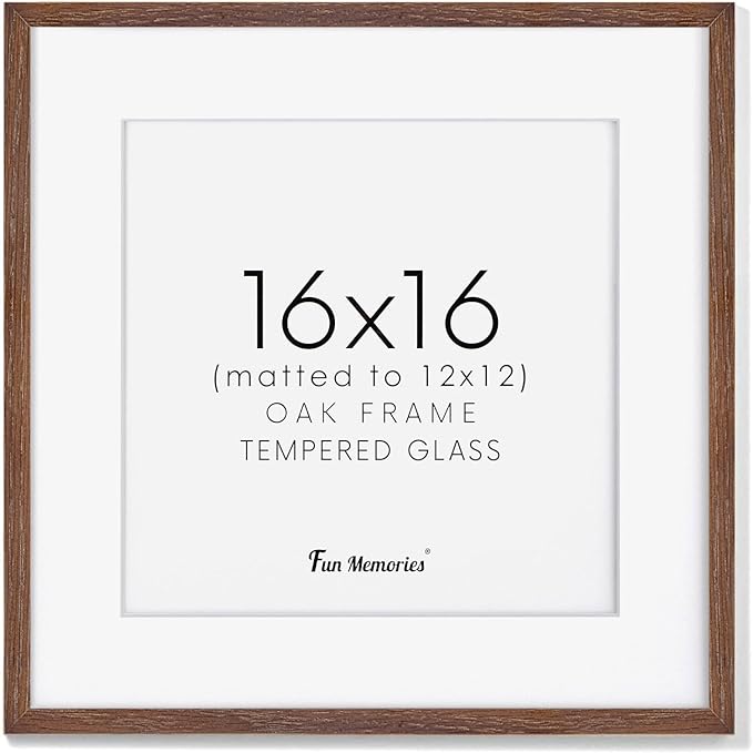 16x16 Picture Frames for Wall, Square Picture Frame 16 x 16 - Solid Oak Wood, Tempered Glass, 16x16 Frame Matted to 12x12, 16"x16" Wood Photo Frames - Walnut Color, 1 Pack