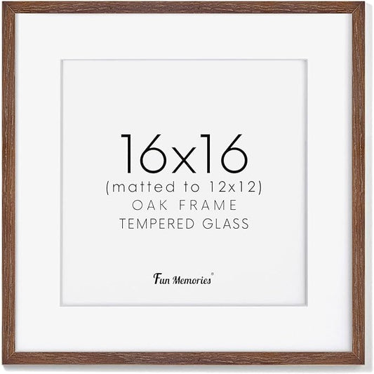 16x16 Picture Frames for Wall, Square Picture Frame 16 x 16 - Solid Oak Wood, Tempered Glass, 16x16 Frame Matted to 12x12, 16"x16" Wood Photo Frames - Walnut Color, 1 Pack