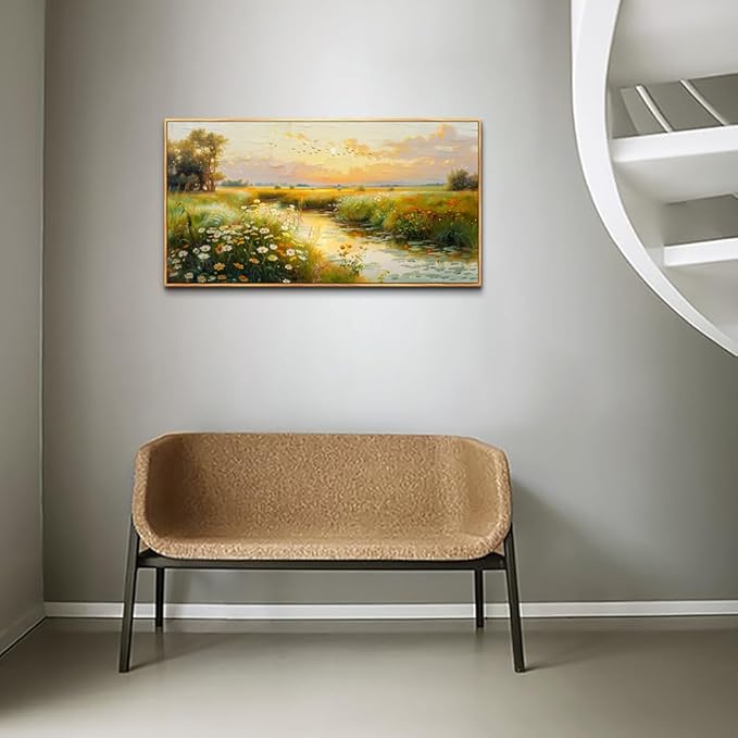 ZUITINGHUA Wood Framed Canvas Wall Art For Living Room Wall Decor For Bedroom Office Wall Decoration Pastoral Scenery Painting Water edge Pictures Artwork Room Aesthetic Home Decor 20x40 In