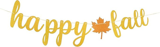 Totelux Happy Fall Banner Decoration Glitter Maple Leaf Sign Gold Orange Autumn Hanging Banner for Wall Home Office Decor Thanksgiving Party Supplies