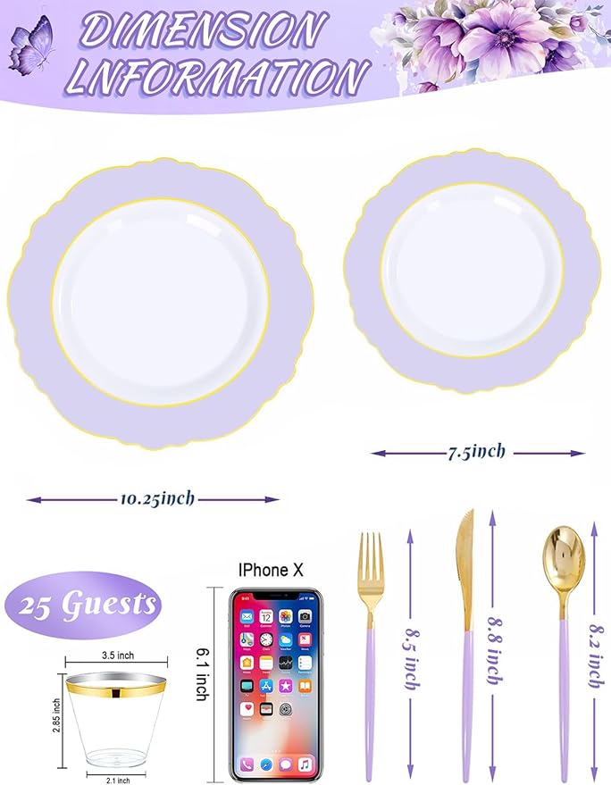 WDF 150Pcs Purple Plates Disposable - Baroque Lavender Purple and Gold Plates - 25Guest Plastic Dinnerware Ideal for Party/Spring/Picnic