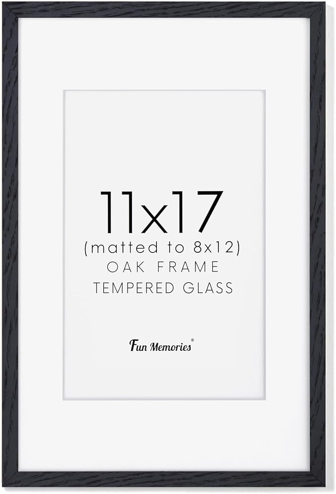 11x17 Oak Wood Picture Frame in Black, 11"x17" Poster Frame for Wall, Wood Photo Frame 11 x 17 with Tempered Real Glass, 11x17 Frame Matted to 8x12 - Black Color, 1 Pack