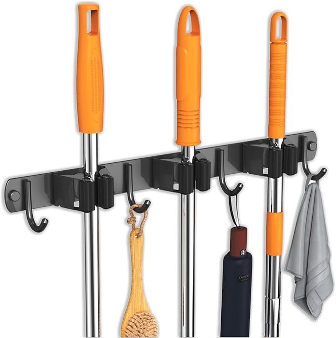 2 Pack Mop and Broom Holder Wall Mount, Non-slip Broom Hanger Wall Mount, Heavy Duty Mop Broom Organizer for Kitchen Garden Garage Laundry Room Wall Decor Organization and Storage Black 3R4H